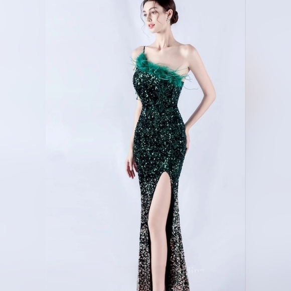 Green and Gold Sequin Gown with High Slit - Picture 8 of 16